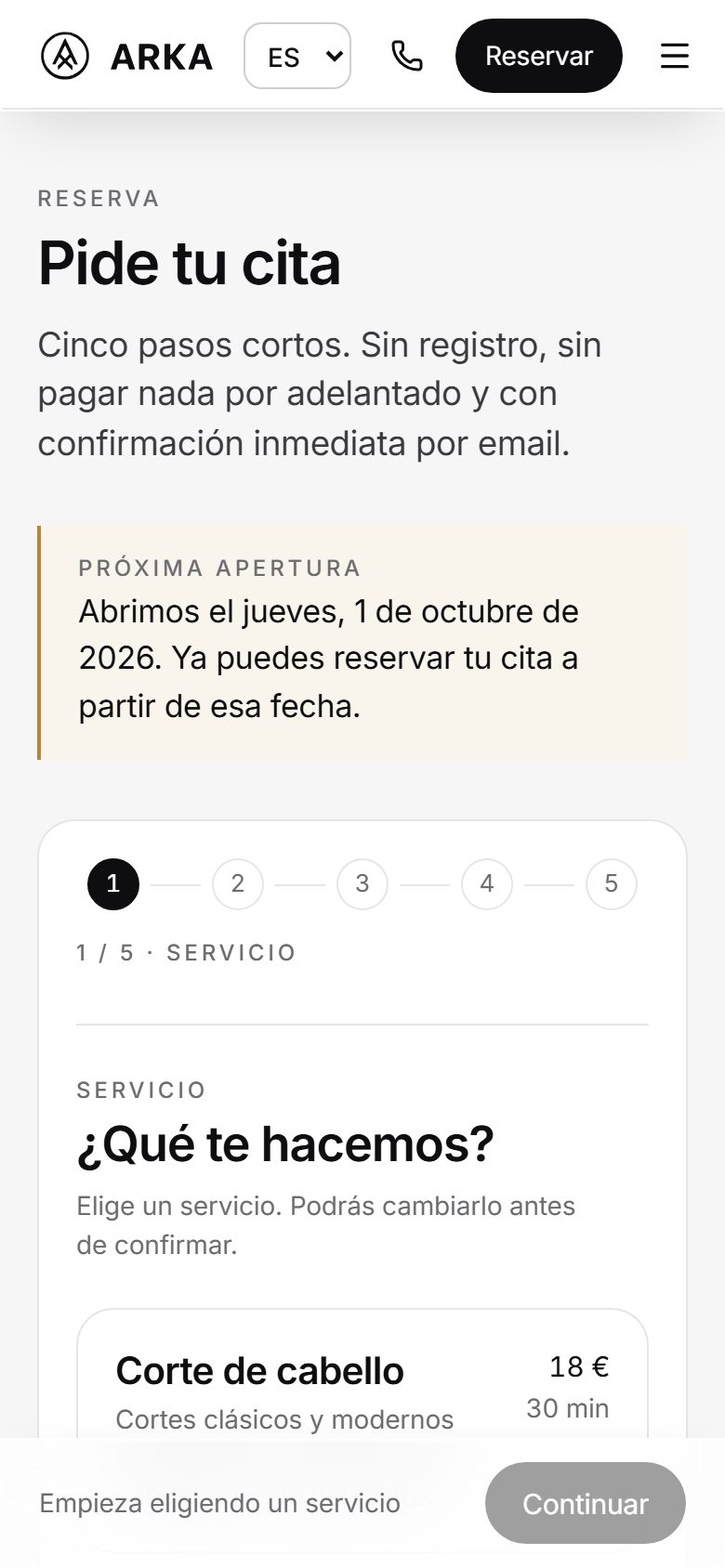 Primer paso para reservar cita en arkabarbershop.com desde el móvil