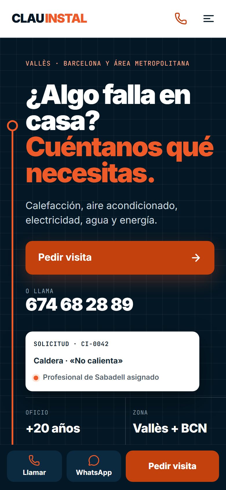 clauinstal.com en el móvil, con los botones de llamar, WhatsApp y pedir visita