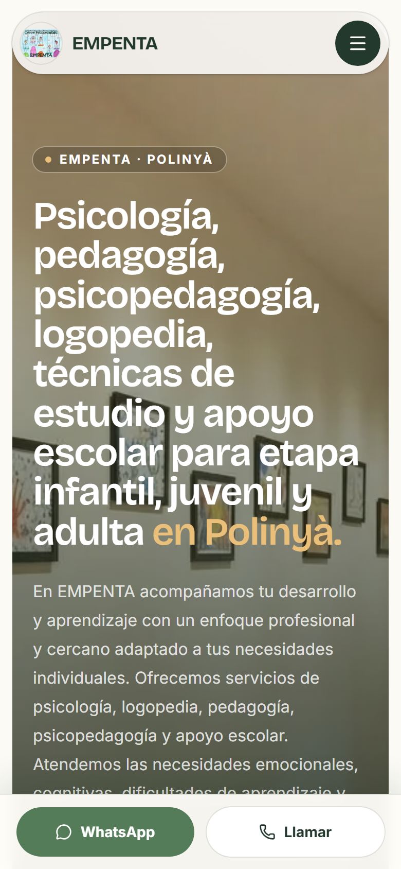 cpempenta.com en el móvil, con los botones de WhatsApp y llamar