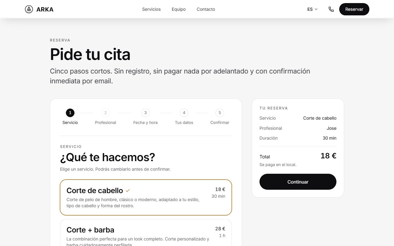 Primer paso de la reserva en arkabarbershop.com