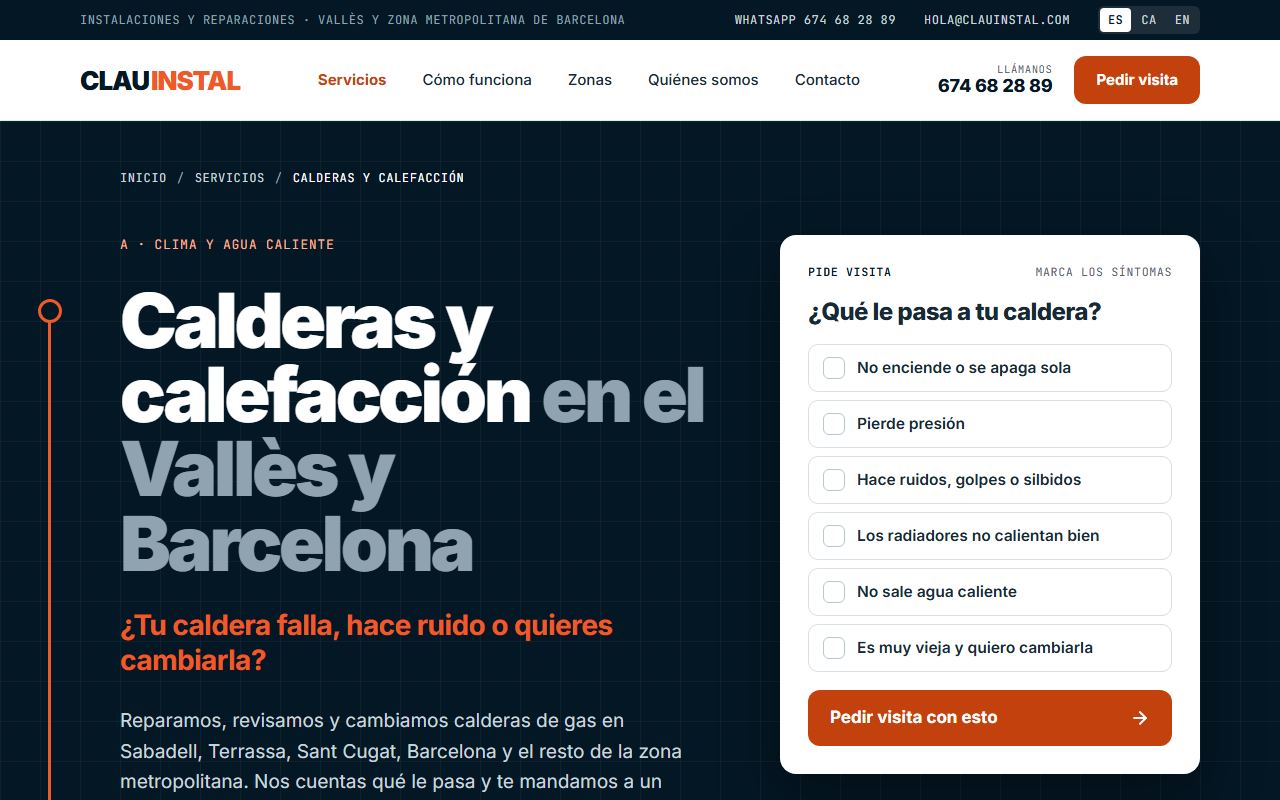 Página del servicio de calderas en clauinstal.com